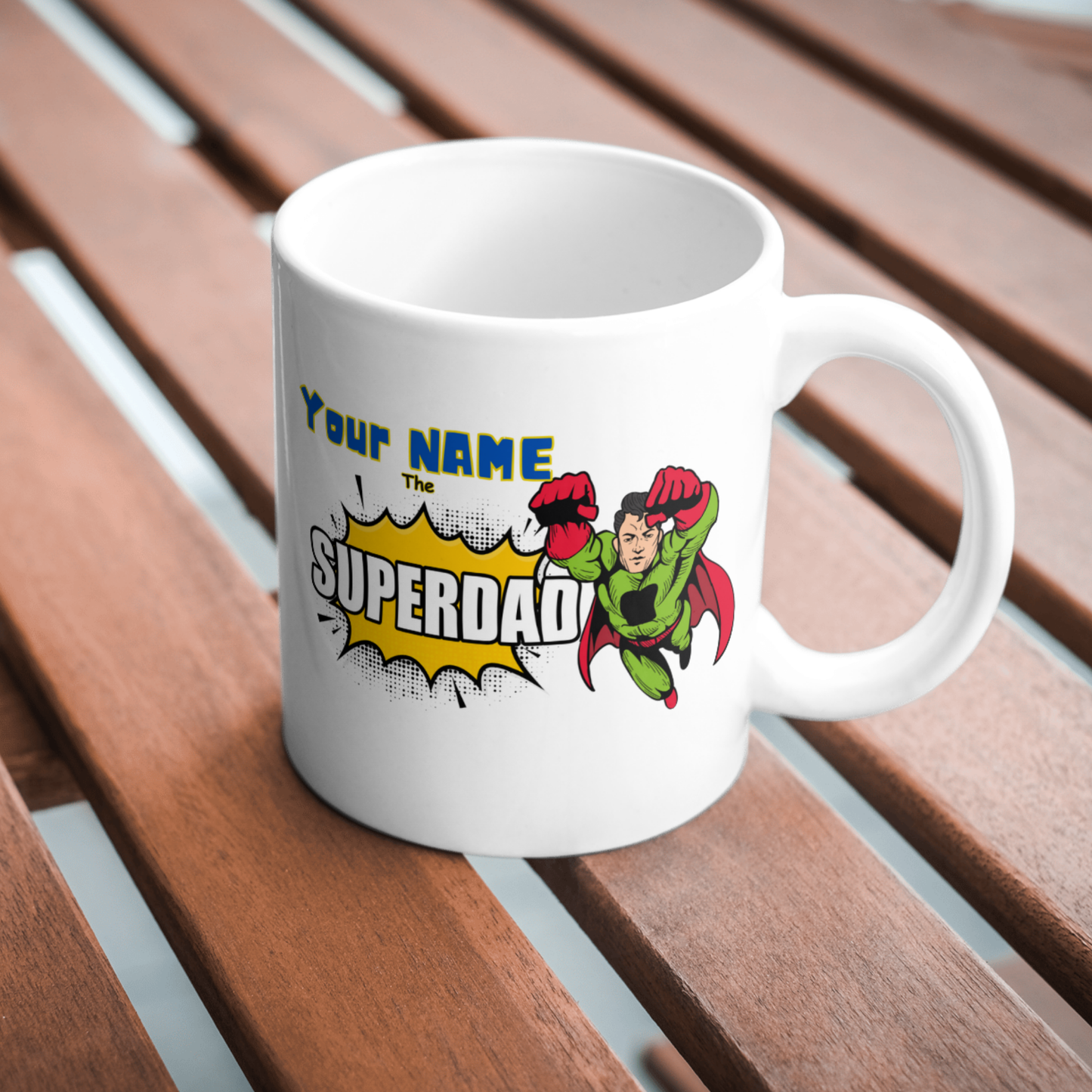 Personalised Superdad Mug – Green Comic Hero Design