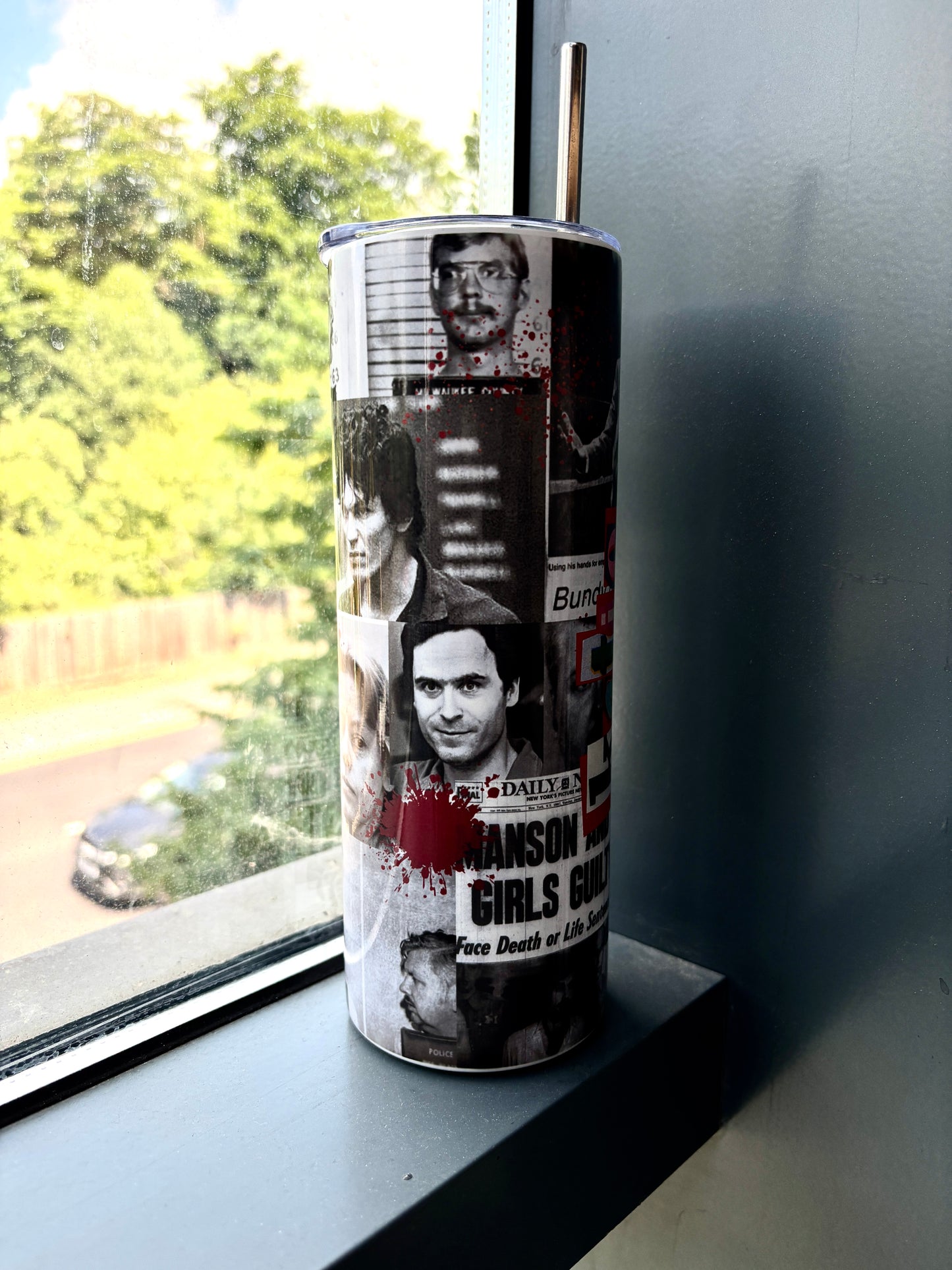 True Crime Newspaper Collage Tumbler | 20oz Stainless Steel with Personalised Name – Horror Fan Gift, Serial Killer Aesthetic, Dark Academia Vibes