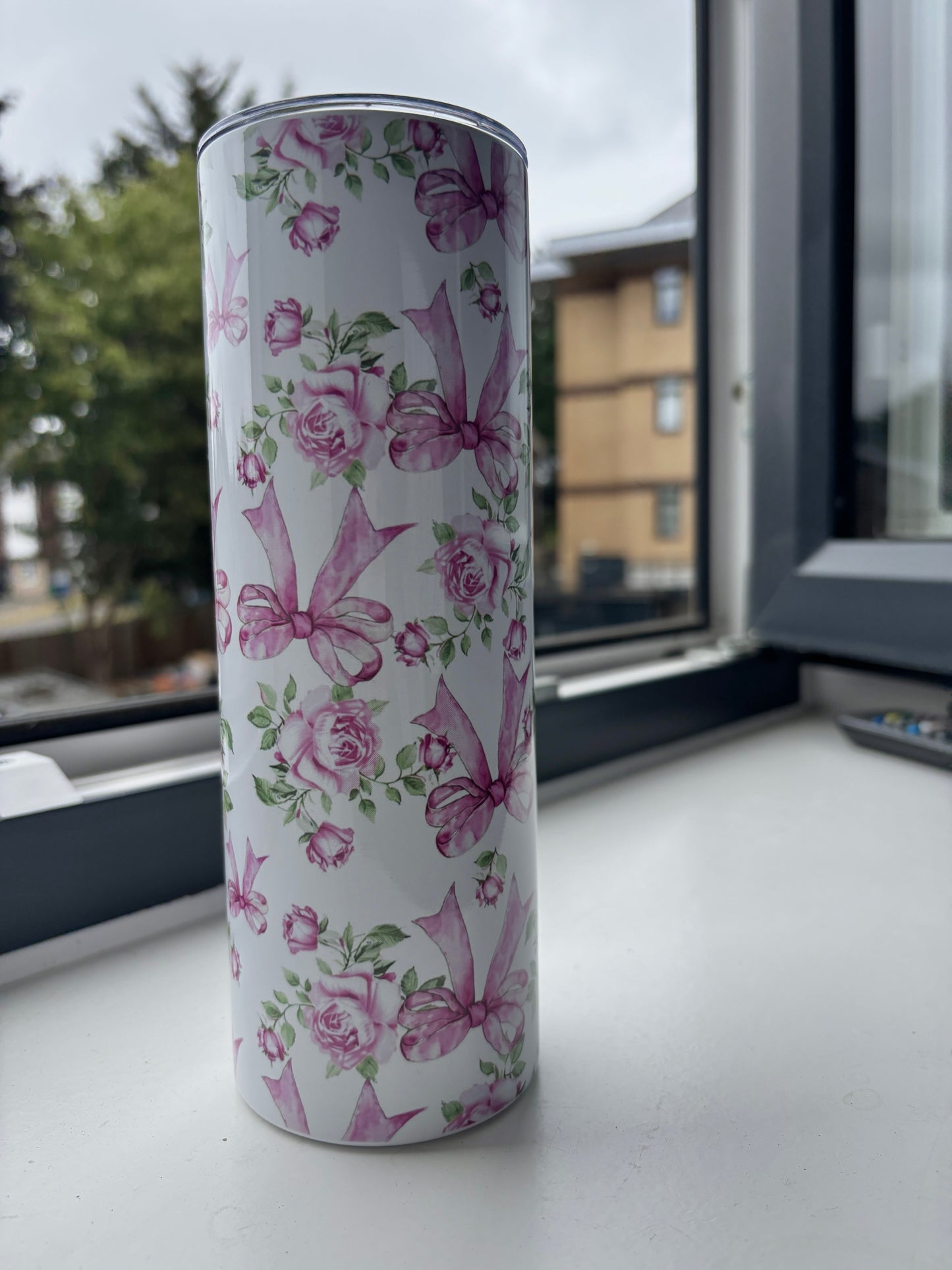 Pink Rose & Bow Tumbler Elegant Stainless Steel (20oz)