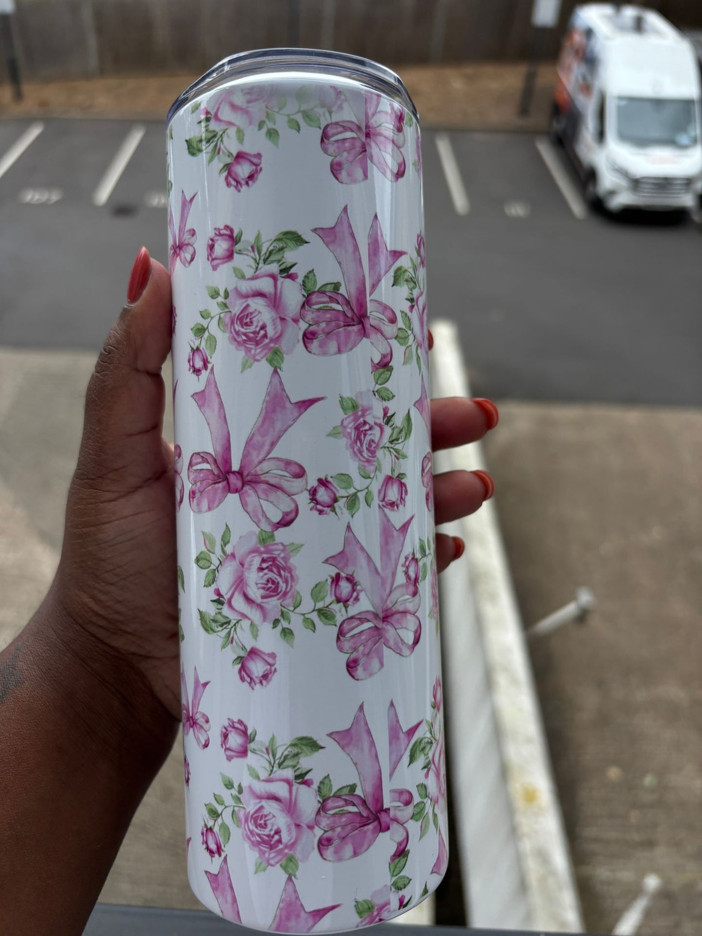 Pink Rose & Bow Tumbler Elegant Stainless Steel (20oz)