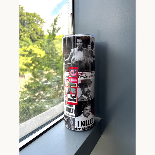 True Crime Newspaper Collage Tumbler | 20oz Stainless Steel with Personalised Name – Horror Fan Gift, Serial Killer Aesthetic, Dark Academia Vibes