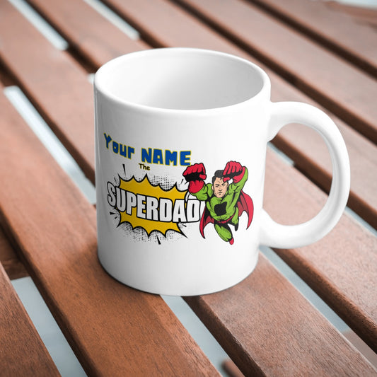 Personalised Superdad Mug – Green Comic Hero Design