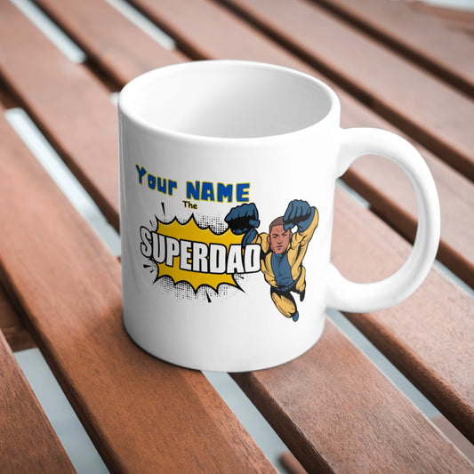 Personalised Superdad Mug – Bald Hero Comic Style