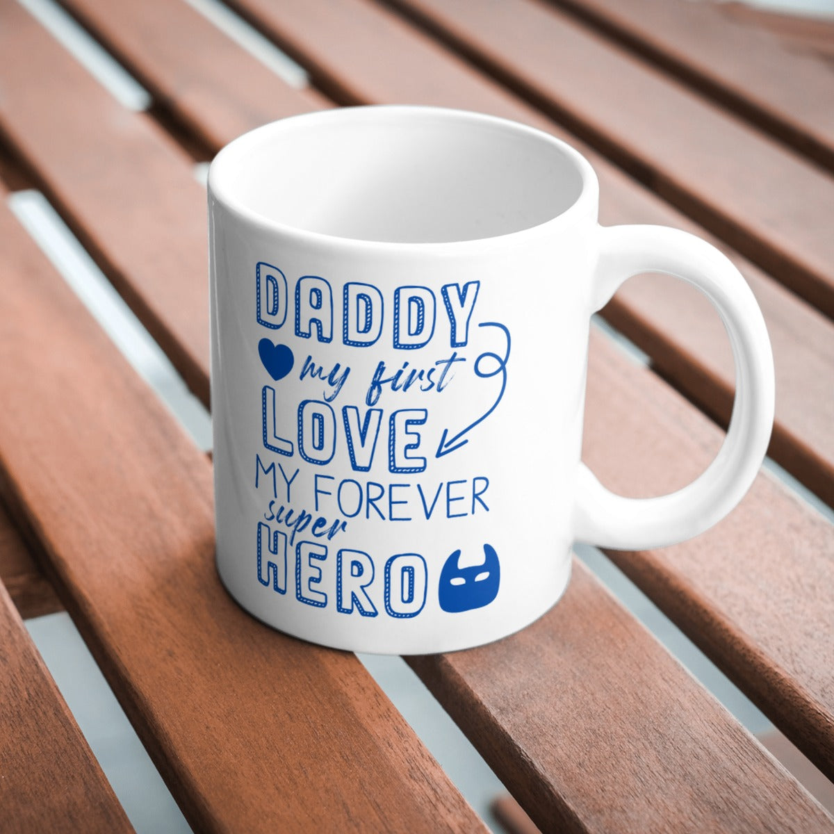 Daddy My First Love Mug – Blue Superhero Font