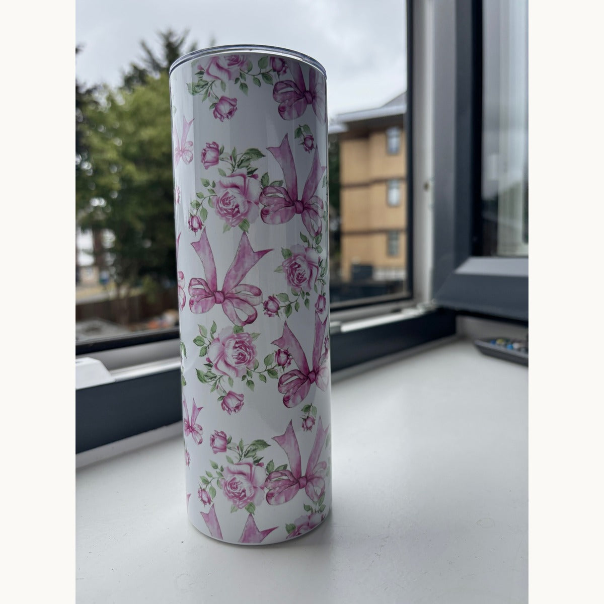 Pink Rose & Bow Tumbler  Elegant Stainless Steel (20oz)