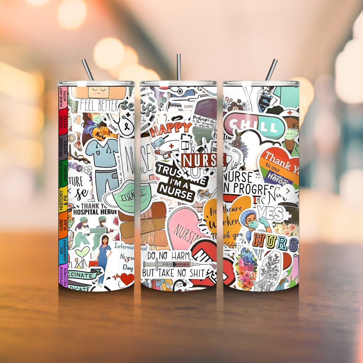 Nurse Sticker Collage Tumbler – 20oz Stainless Steel Travel Cup | Funny Nurse Gift | “Trust Me I’m a Nurse” Design