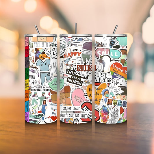 Nurse Sticker Collage Tumbler – 20oz Stainless Steel Travel Cup | Funny Nurse Gift | “Trust Me I’m a Nurse” Design