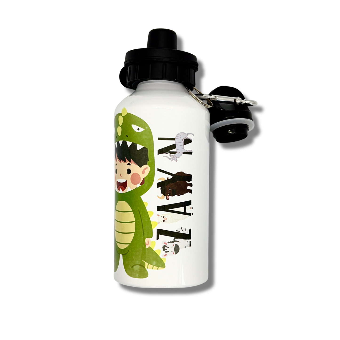Personalised Kids Water Bottle – Custom Name & Animal Design |with 2 Lids School, Nursery & Sports Bottle for Boys & Girls